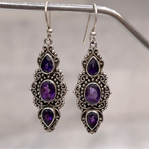 Jewelry - Amethyst Sterling Silver Trilogy Dangle Earrings
